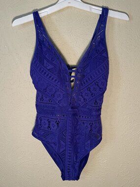 Becca Blue Lace Low Back One Piece Swimsuit, Size Large